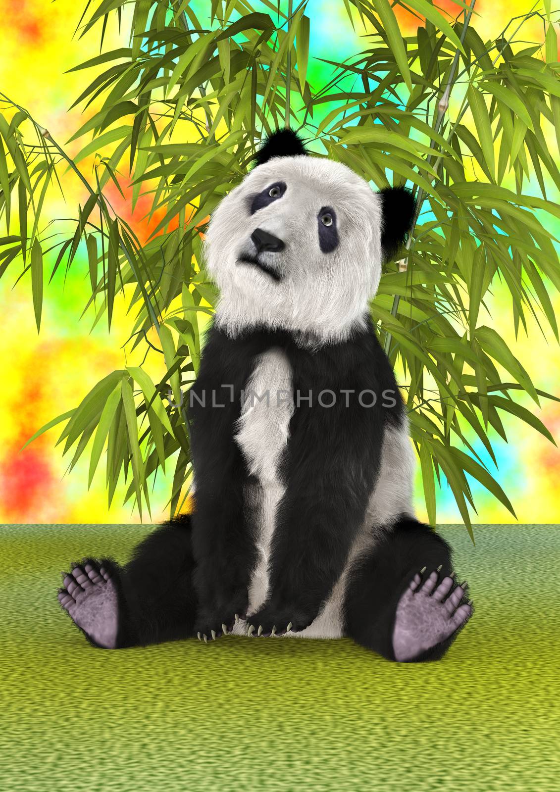3D digital render of a panda bear and green bamboo plants on a colorful background
