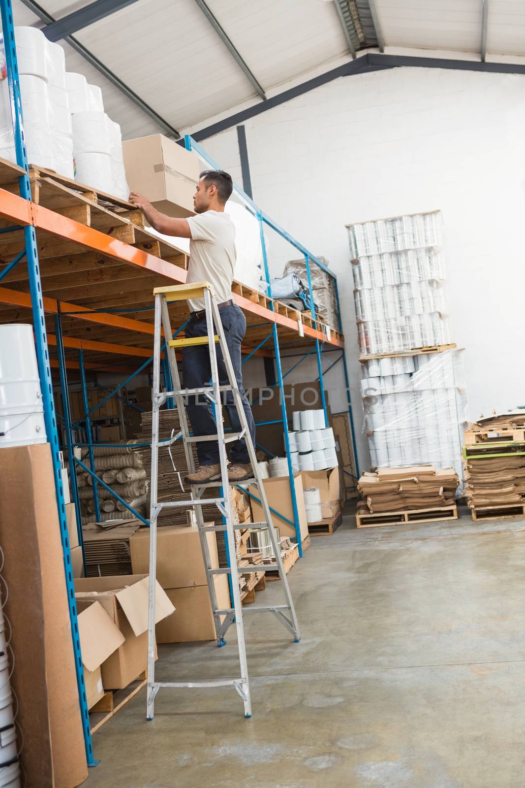 Full length of a warehouse worker loading up pallet