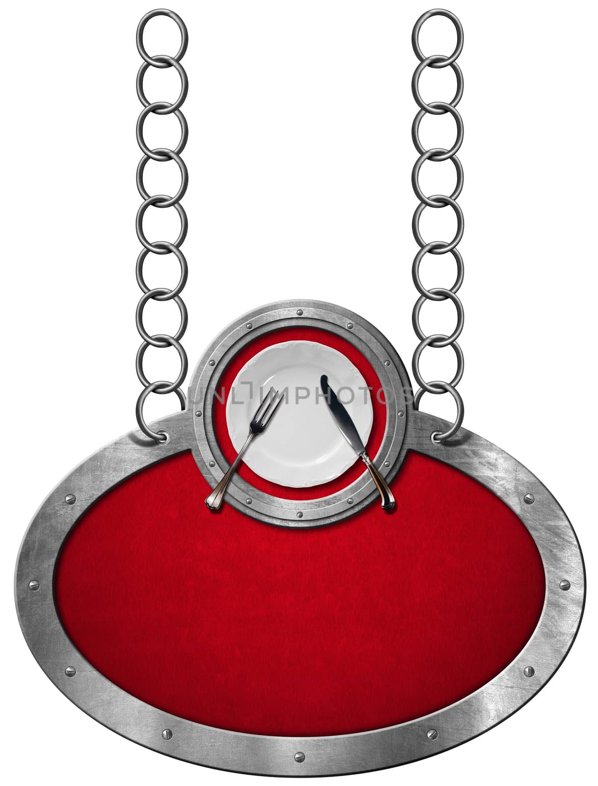 Oval metallic sign with red velvet and frame, white empty plate with silver cutlery. Hanging from a metal chain and isolated on a white