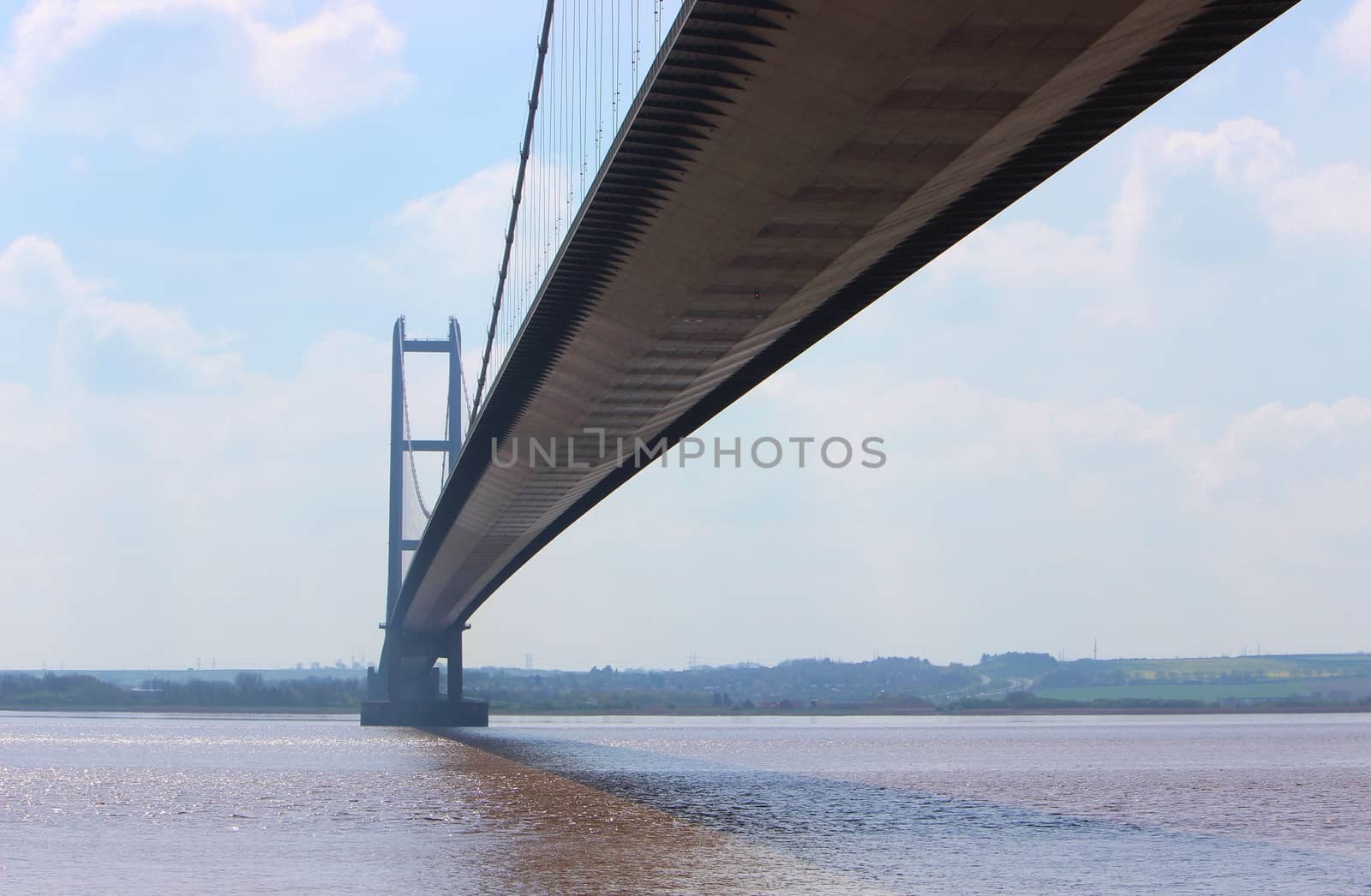 Close-up image of the Humber Suspension Bridge in Yorkshire, England.