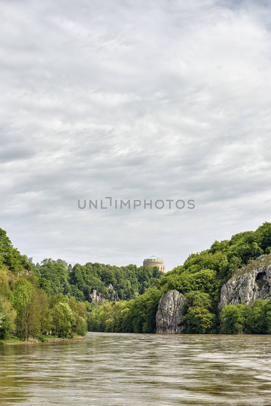 Landscape with river Danube and the famous Befreiungshalle on the Michelsberg in Kehlheim