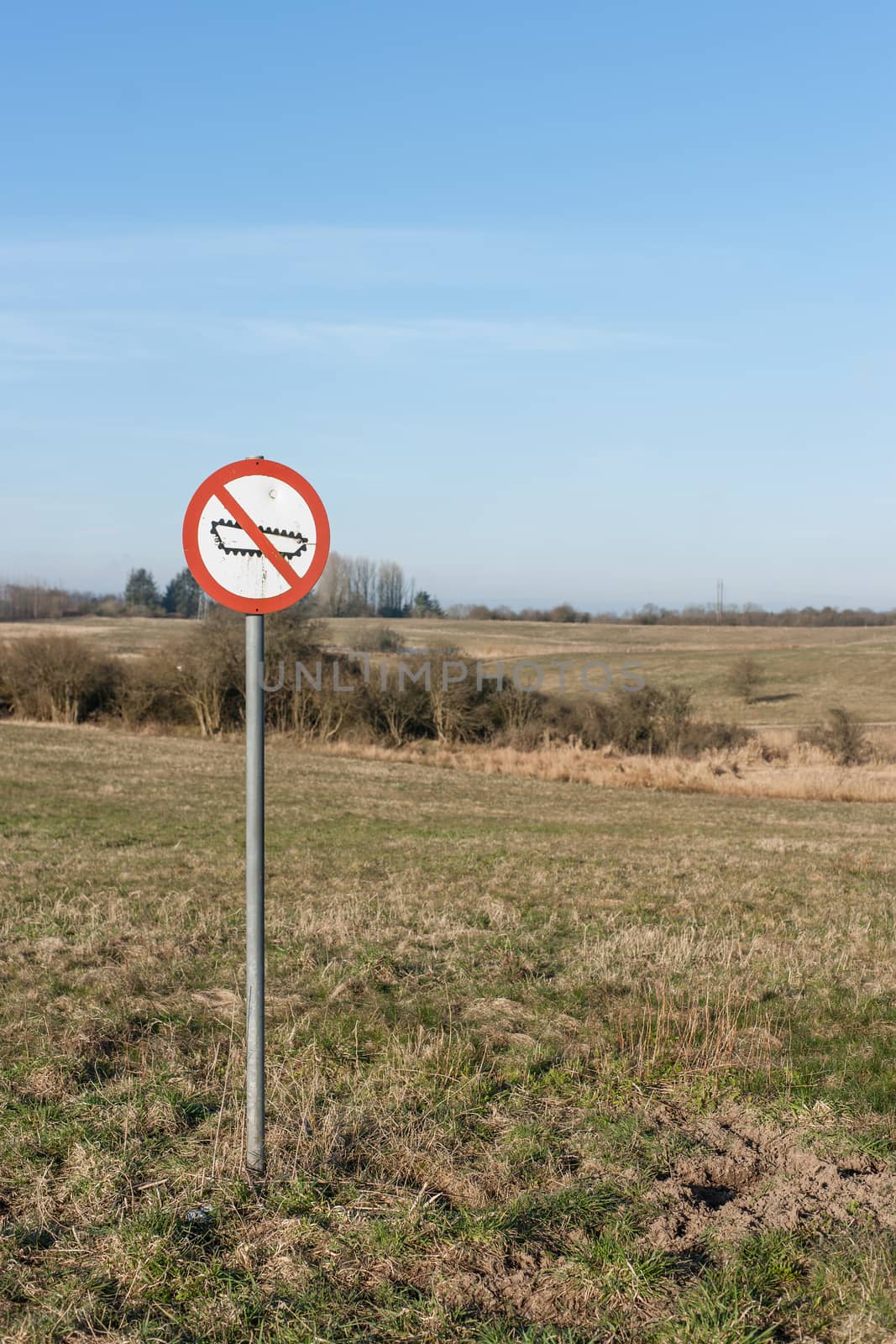 Forbidden tank sign on a restricted area in nature