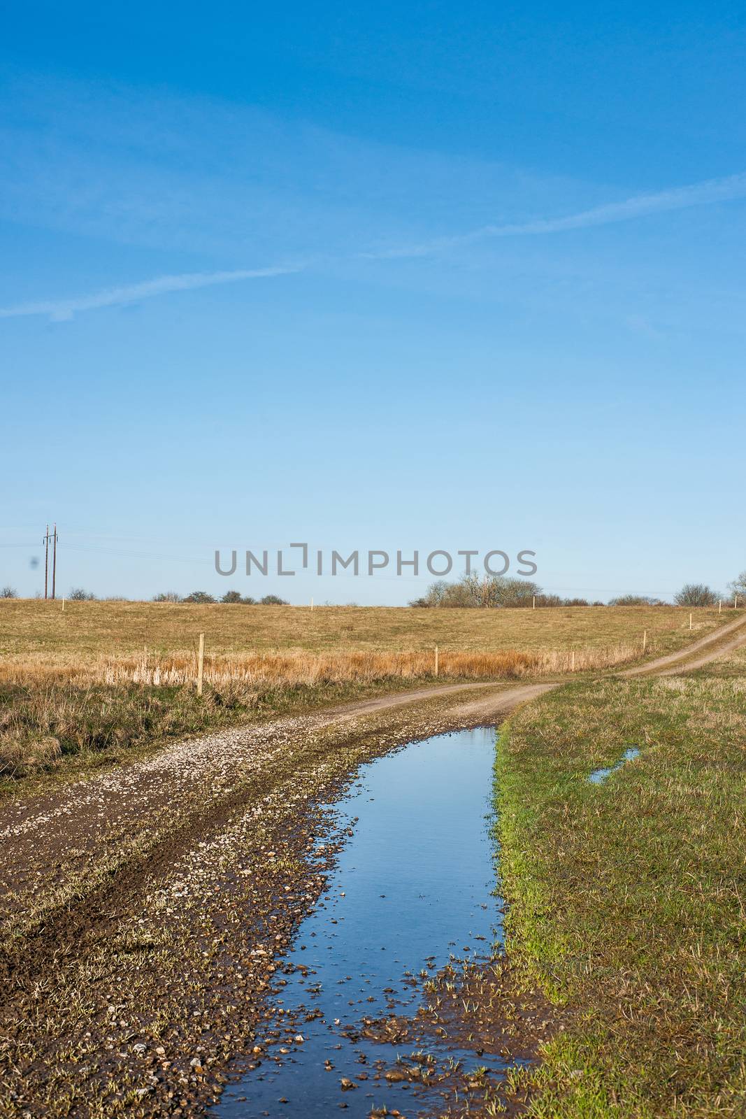 Dirt track road landscape with a puddle