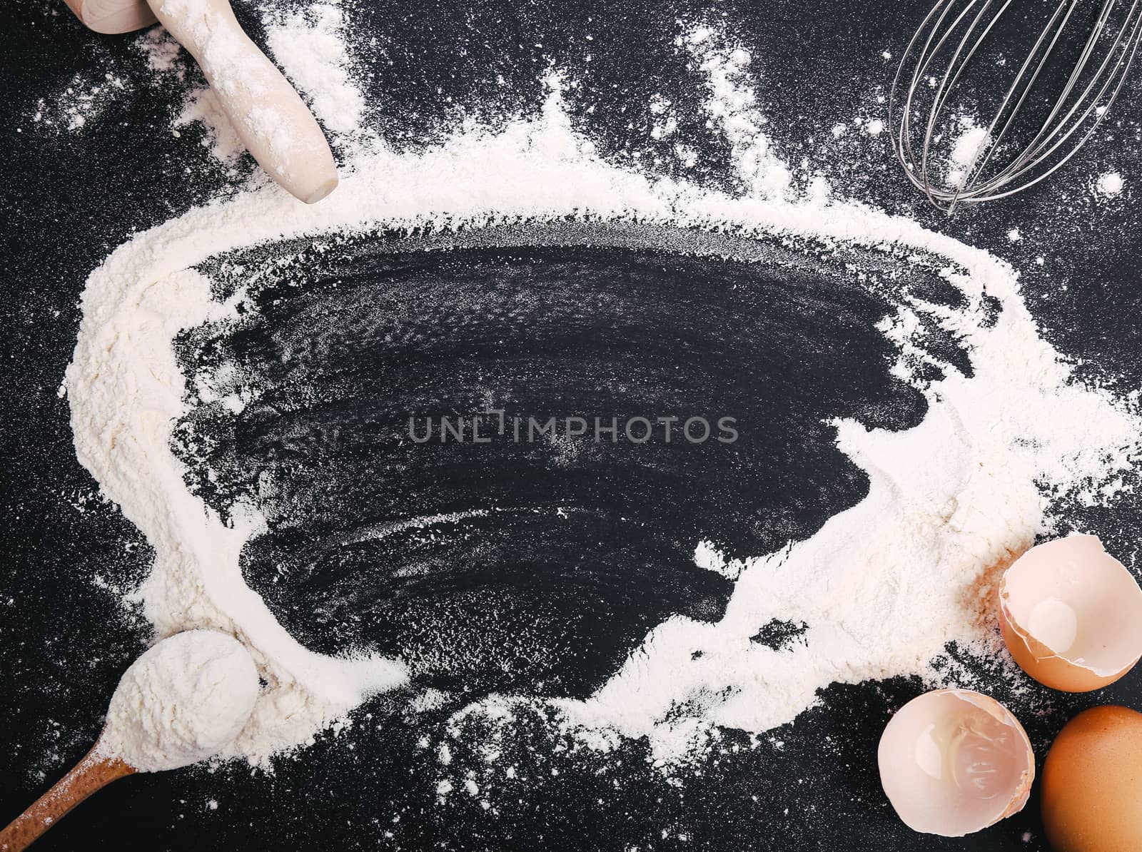 Kitchen, cuisine. Dough and eggs on the table