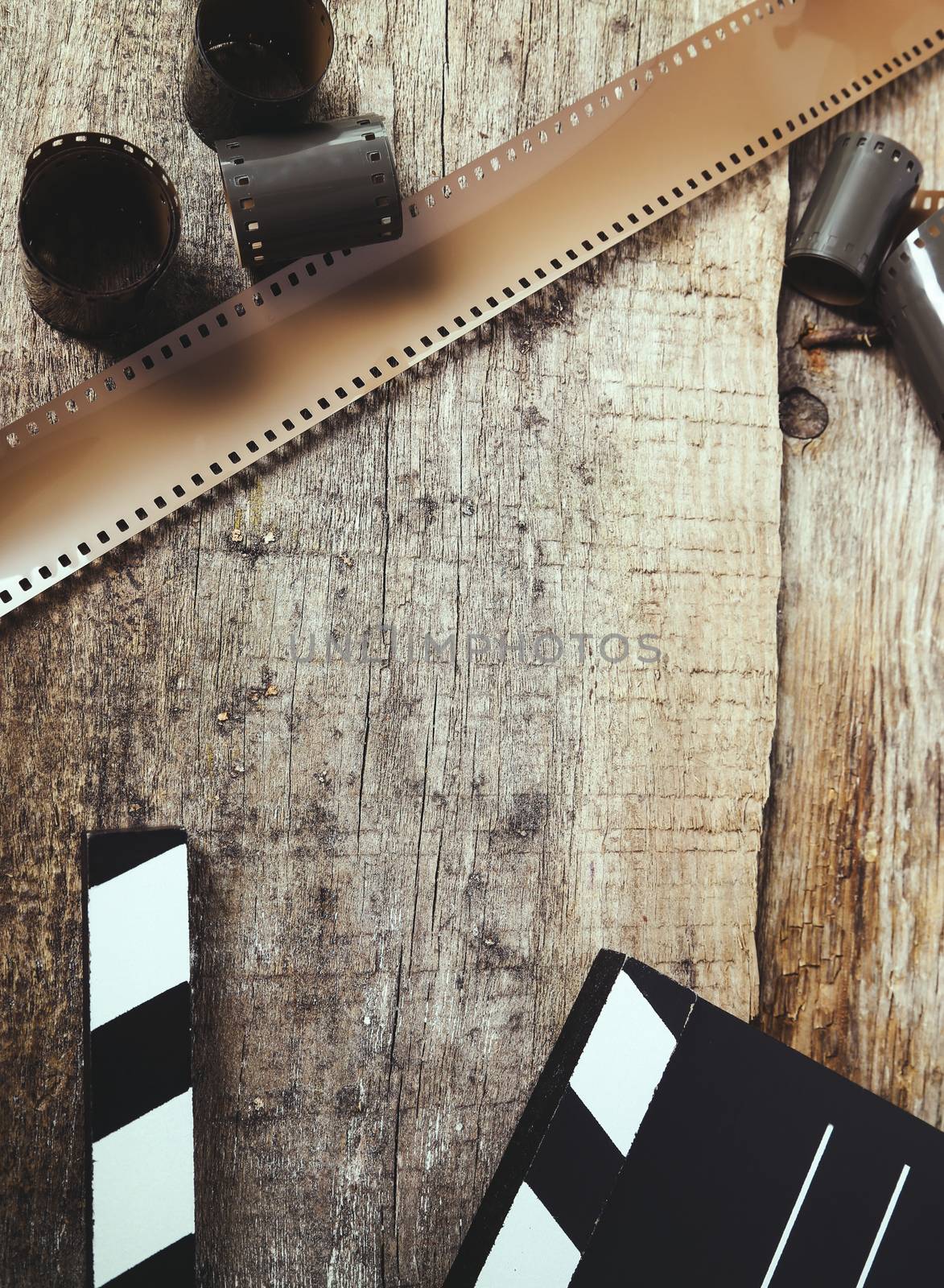 Cinematography. Vintage tape on the wooden table