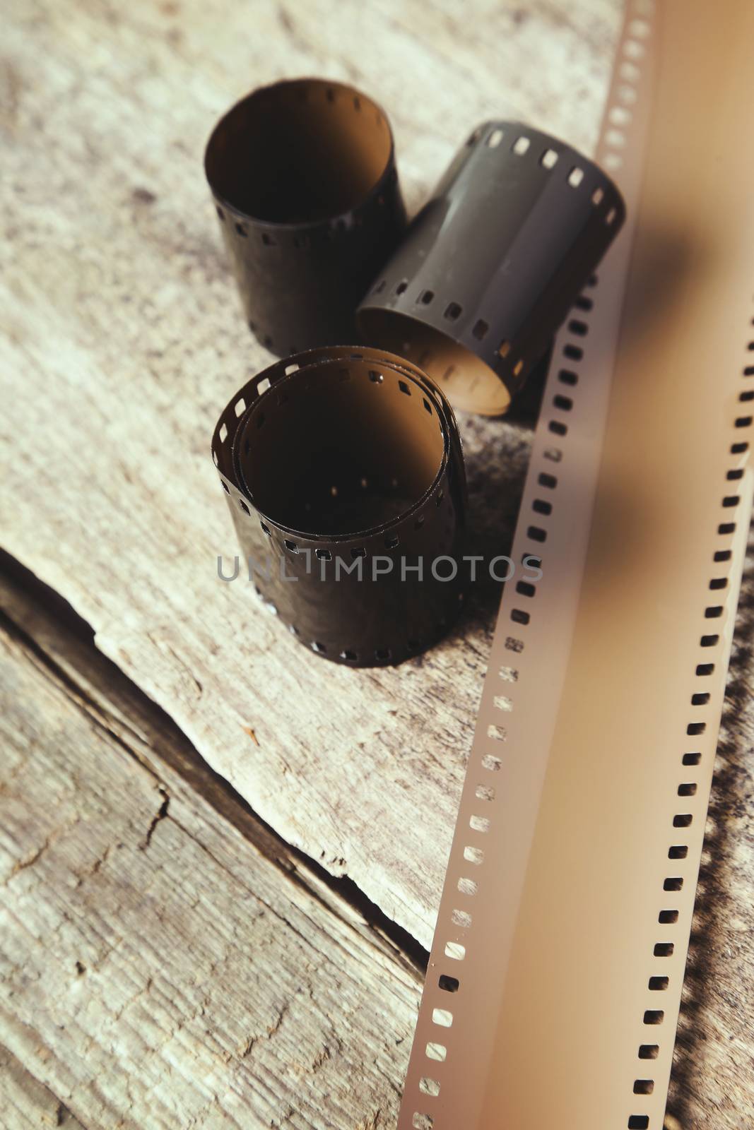 Cinematography. Vintage tape on the wooden table