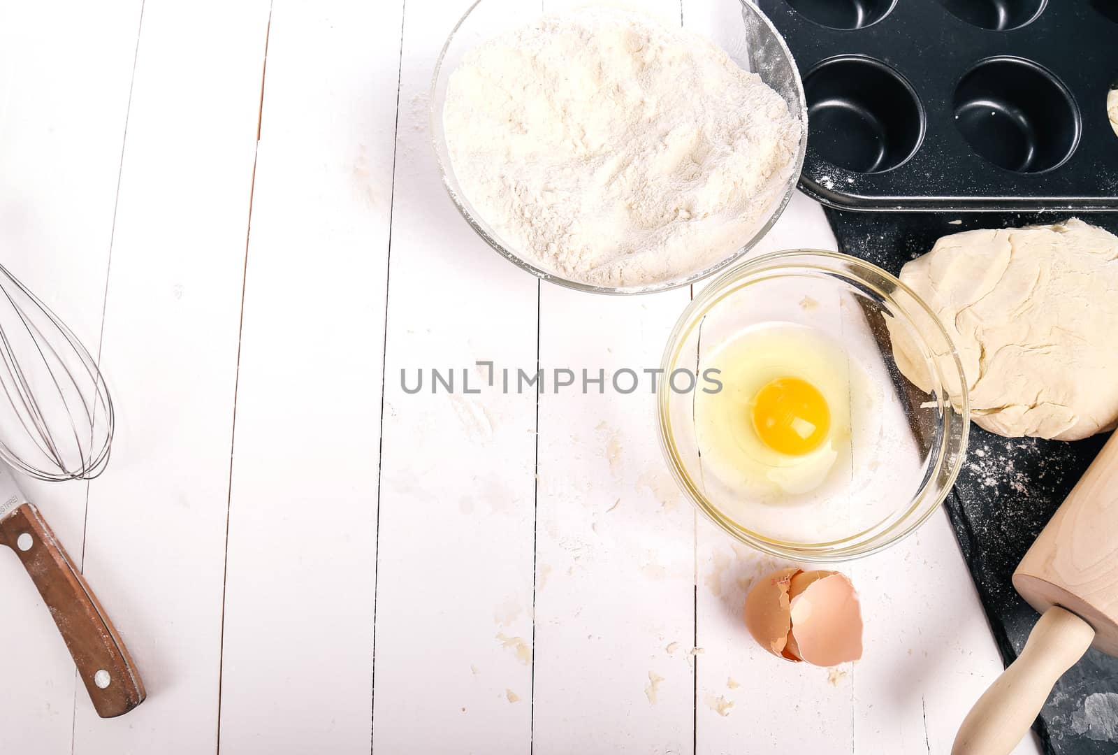 Kitchen, cuisine. Dough and eggs on the table