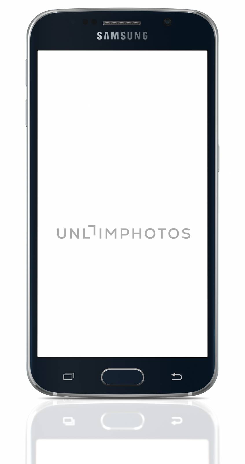 Galati, Romania - April 28, 2015: Black Sapphire Samsung Galaxy S6 with blank screen on white background. The telephone is supported with 5.1" touch screen display and 1440 x 2560 pixels resolution.  The Samsung Galaxy S6 was launched at a press event in Barcelona on March 1 2015.