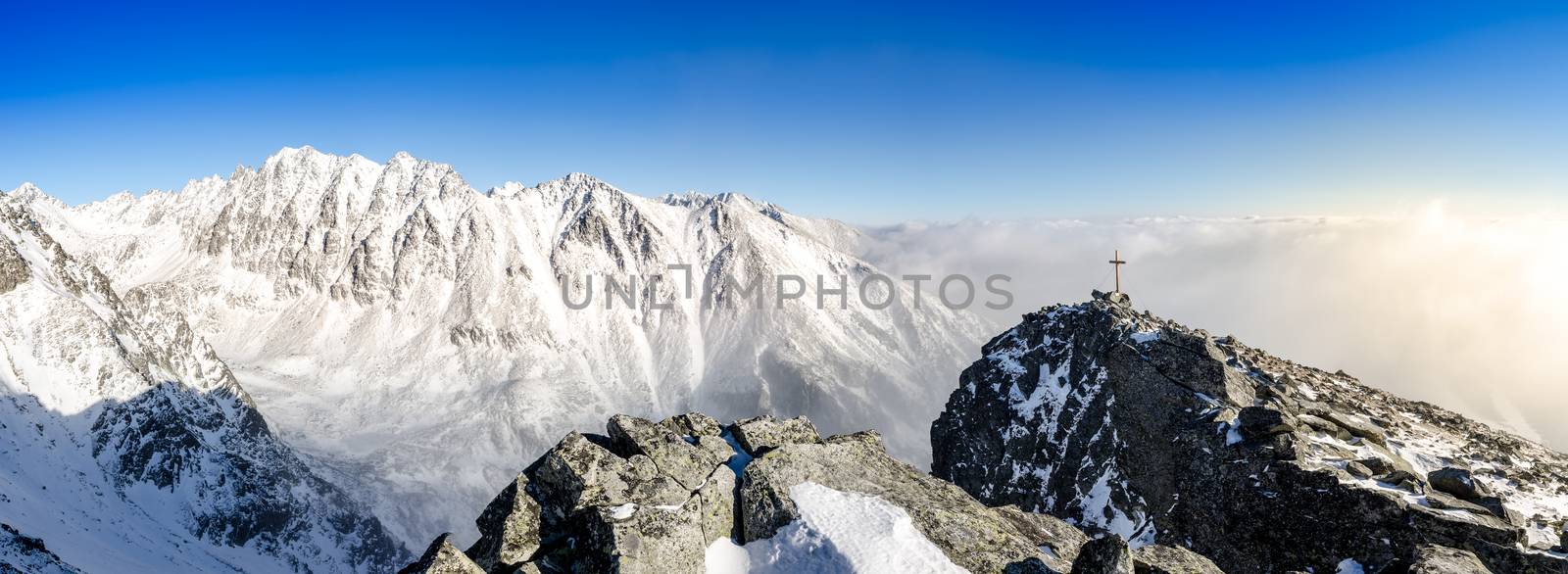 Panoramic scenic view of winter mountains in High Tatras, Slovakia, Europe