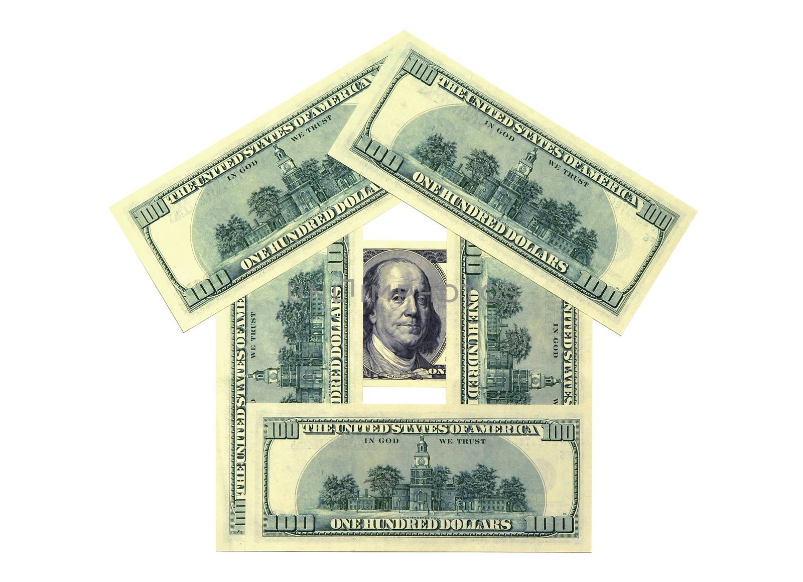 Money in the form of a small house. Denominations on hundred dollars are used.