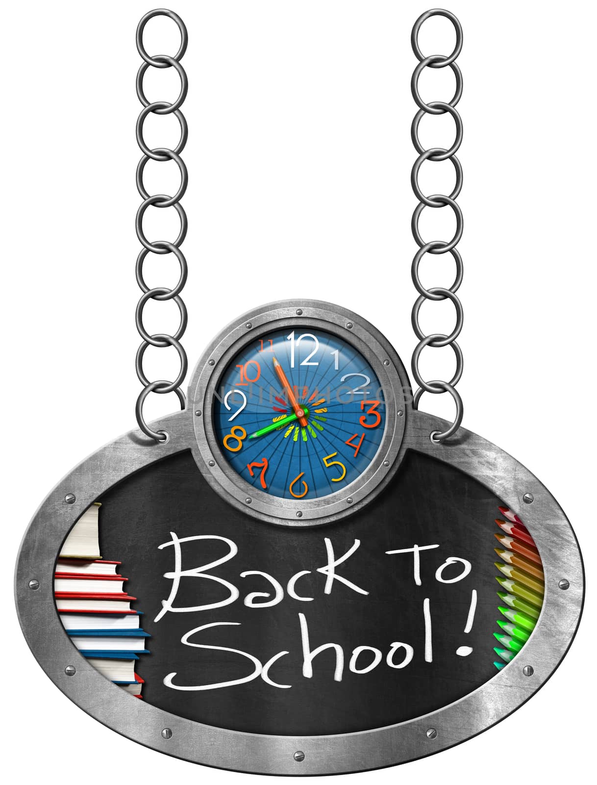 Oval blackboard with a colorful clock, text Back to School, books and colored pencils. Hanging from a chain and isolated on white background