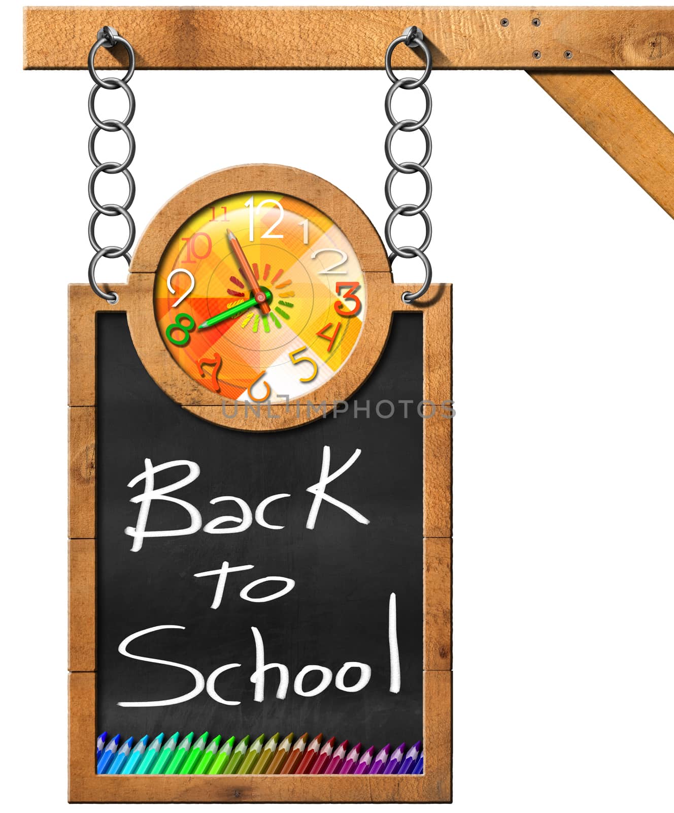 Blackboard with a colorful clock, text Back to School and colored pencils. Hanging from a chain on a wooden pole and isolated on white background