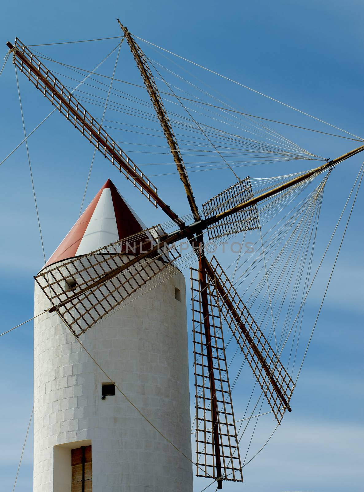 Beautiful Old Windmill on Blue Sky background in Menorca, Balearic Islands