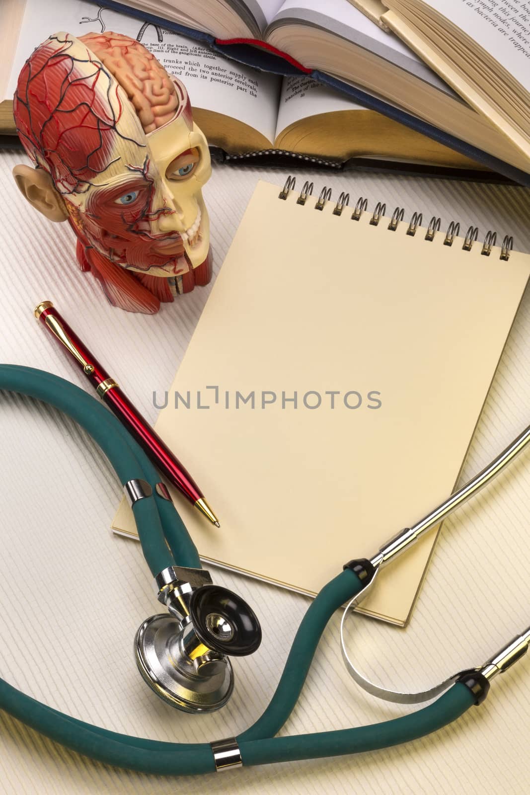 Medical school - A notepad and pen with a medical students stethoscope, medical textbooks and anatomy model.