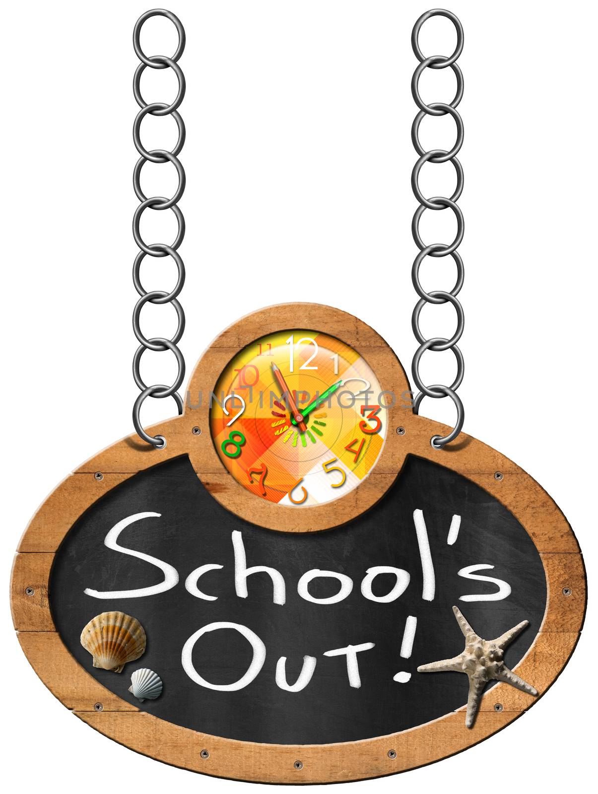 Oval blackboard with a colorful clock and text, School's Out, seashells and starfish. Hanging from a chain and isolated on white background