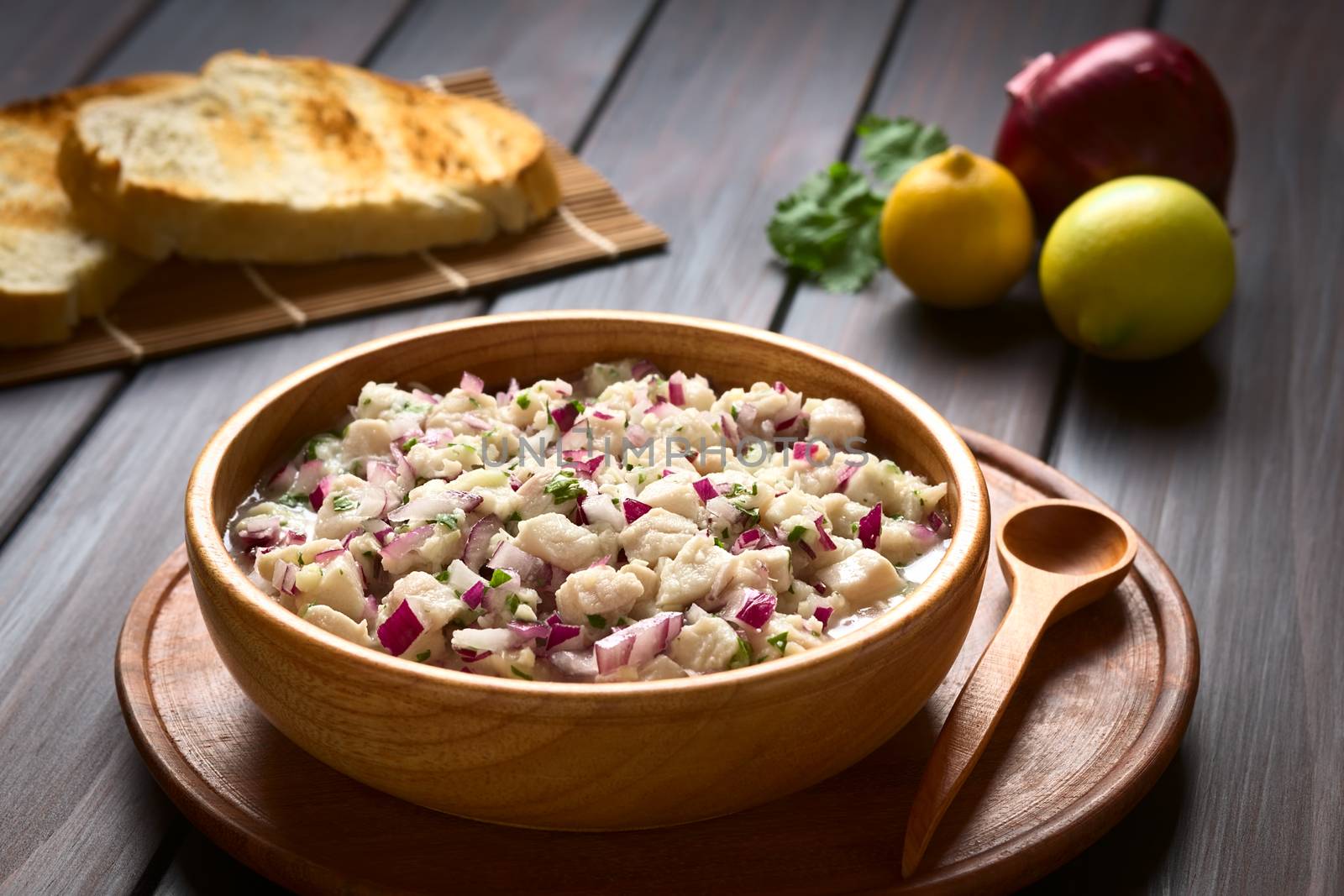 Chilean Ceviche made of Southern Ray's bream fish (lat. Brama Australis, Spanish Reineta), onion, garlic and cilantro marinated in lemon juice, accompanied by toasted bread. Photographed on dark wood with natural light (Selective Focus, Focus one third into the ceviche) 