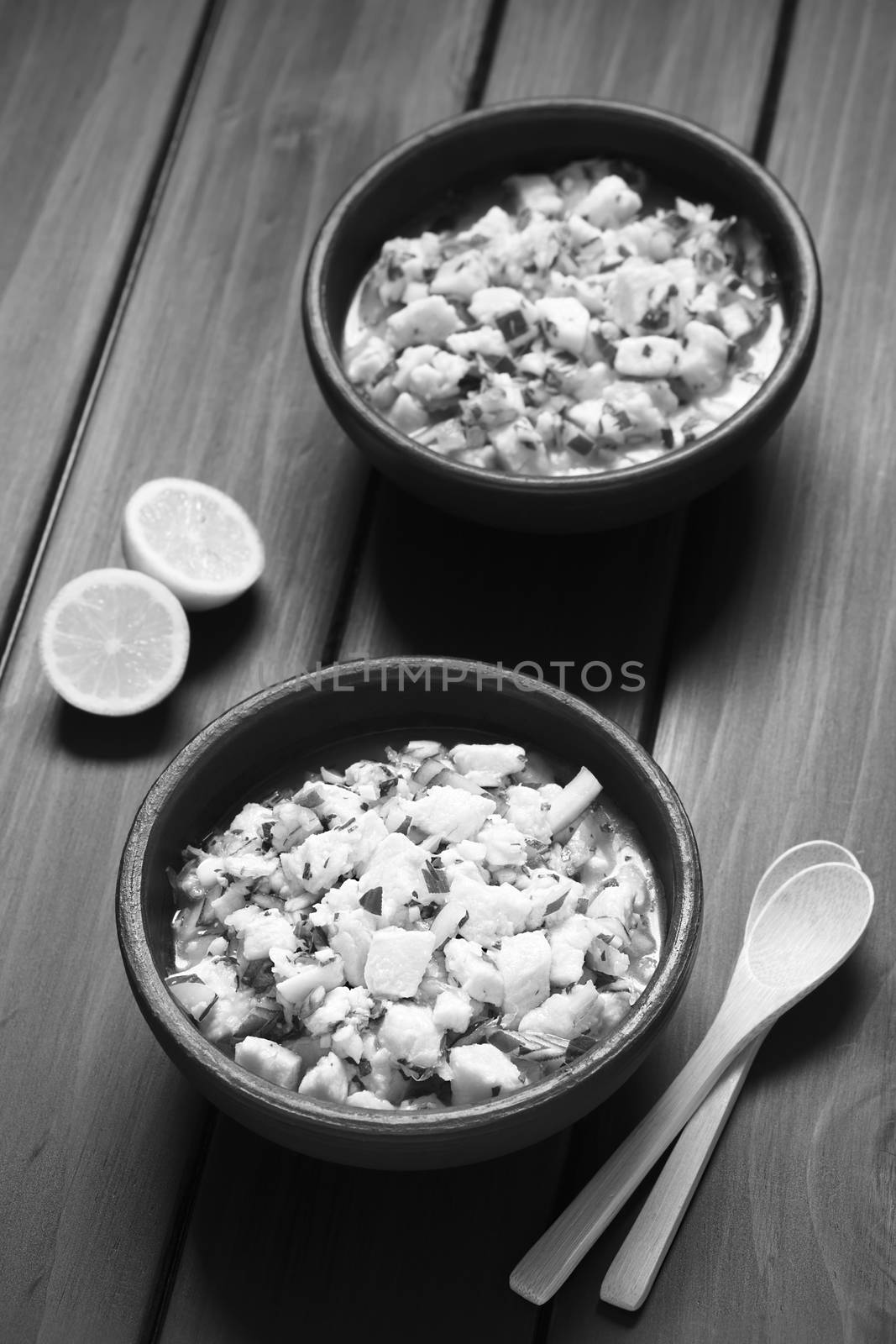 Chilean Ceviche made of Southern Ray's bream fish (lat. Brama Australis, Spanish Reineta), onion, garlic and cilantro marinated in lemon juice served in two rustic bowls. Photographed on dark wood with natural light (Selective Focus, Focus in the middle of the first ceviche) (Monochrome Image)