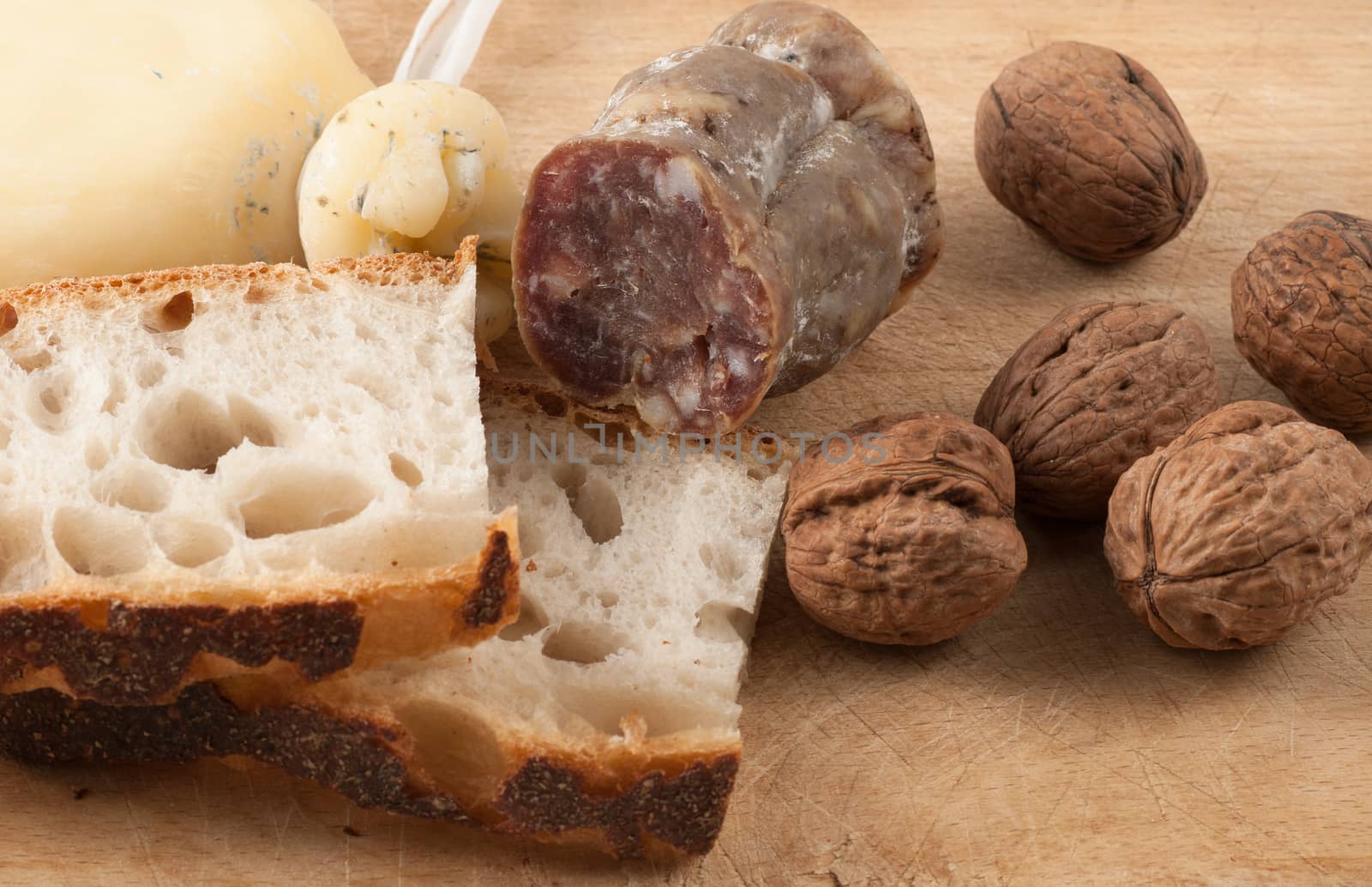 snack with salami, cheese and bread