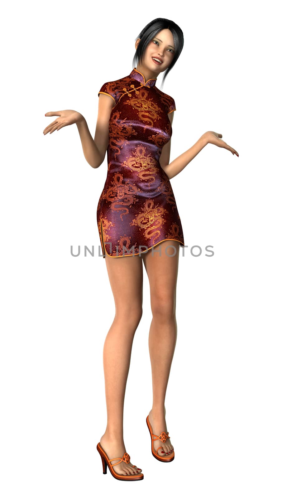 3D digital render of a beautiful Asian young woman wearing a traditional red dress isolated on white background