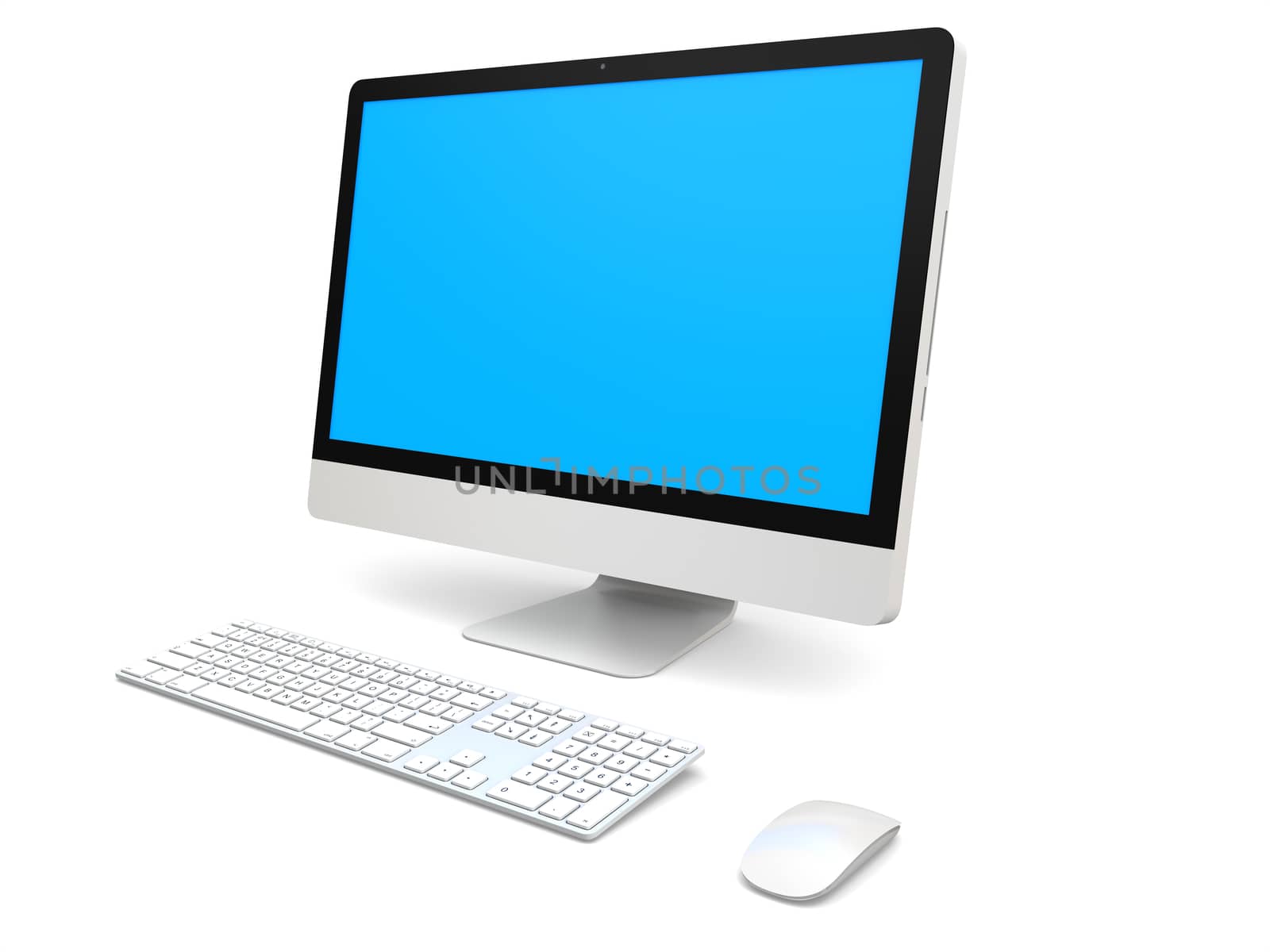 Modern desktop computer with blue screen isolated on white background