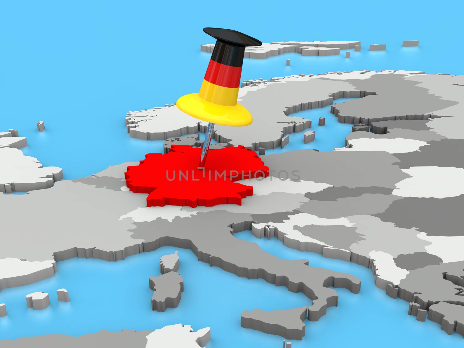 Germany attached to the map of Europe with a huge push pin coloured as the German flag