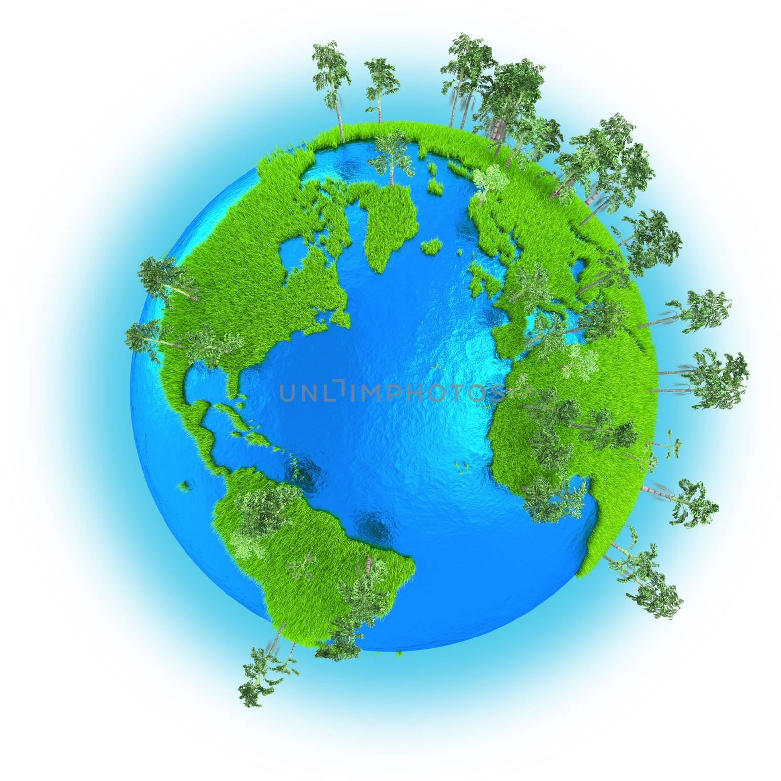 Americas, Europe and Africa on grassy planet Earth with trees isolated on white background