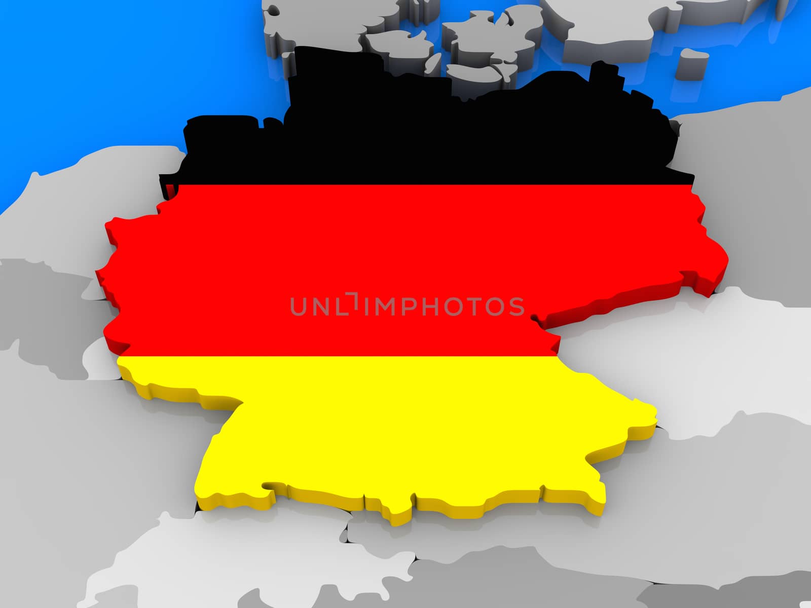 German flag in the shape of the country standing out of the map of Europe, close up