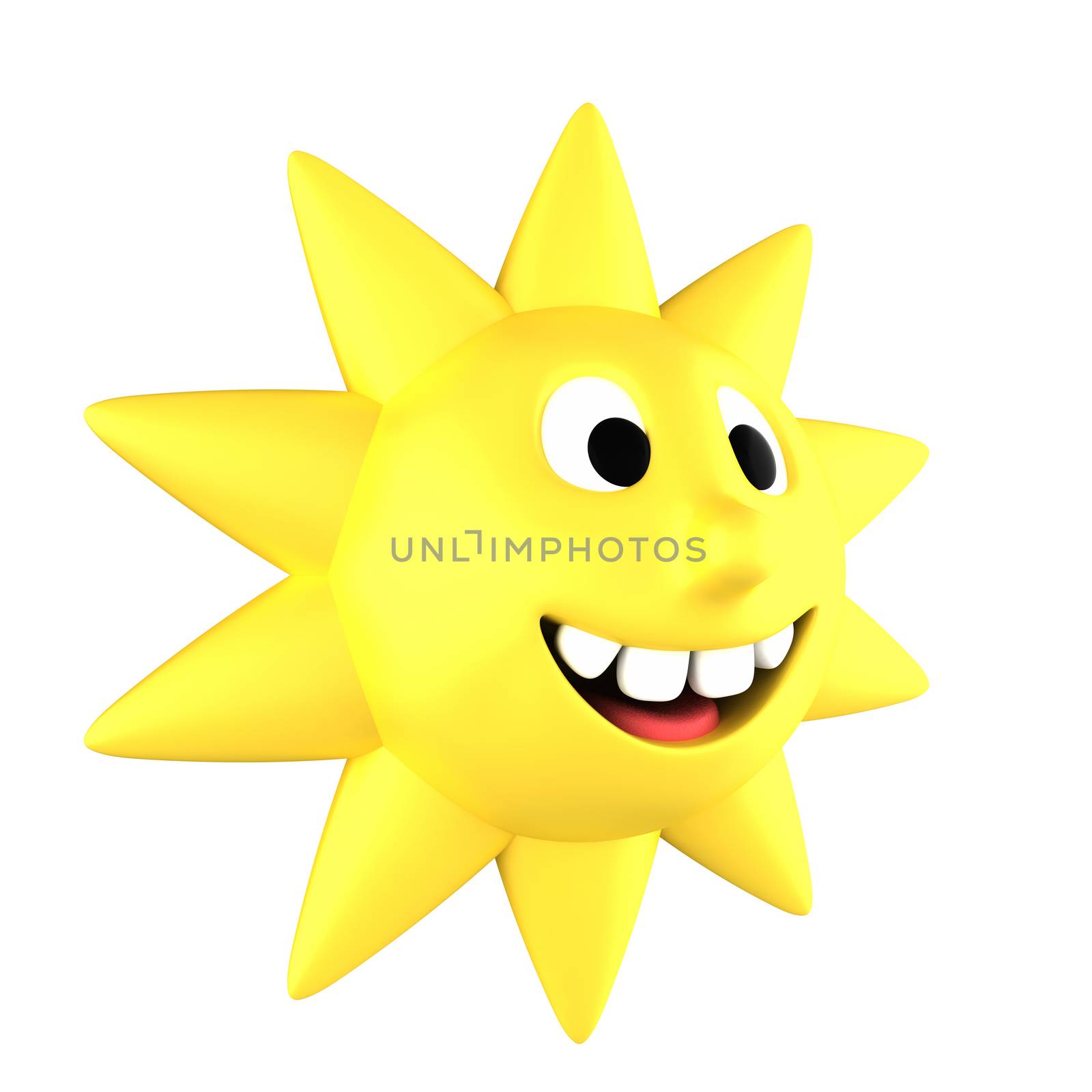 Yellow sun smiling showing teeth turned sideways, isolated on white background