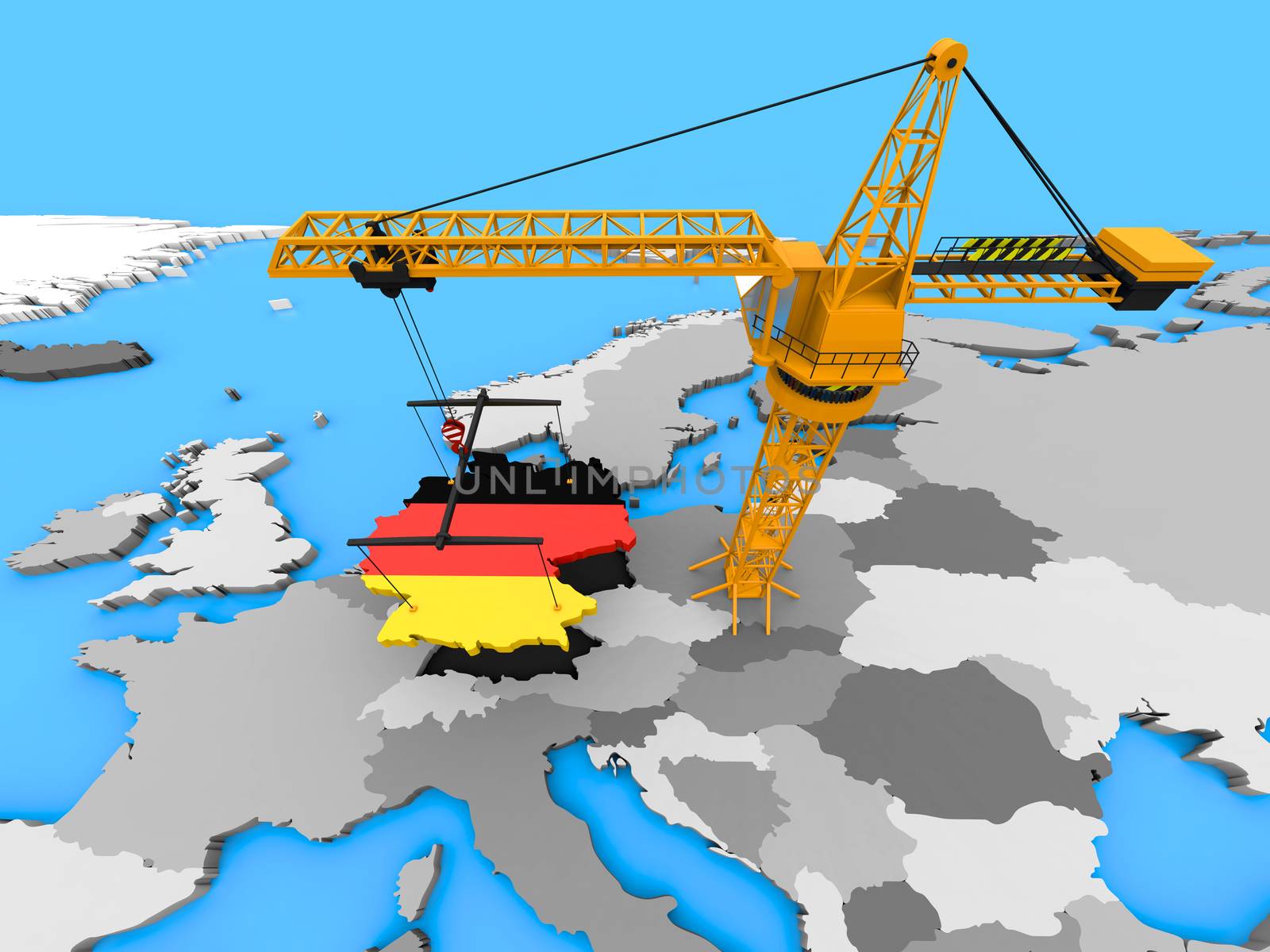 Flag of Germany in the shape of the country hanging on a crane over Europe