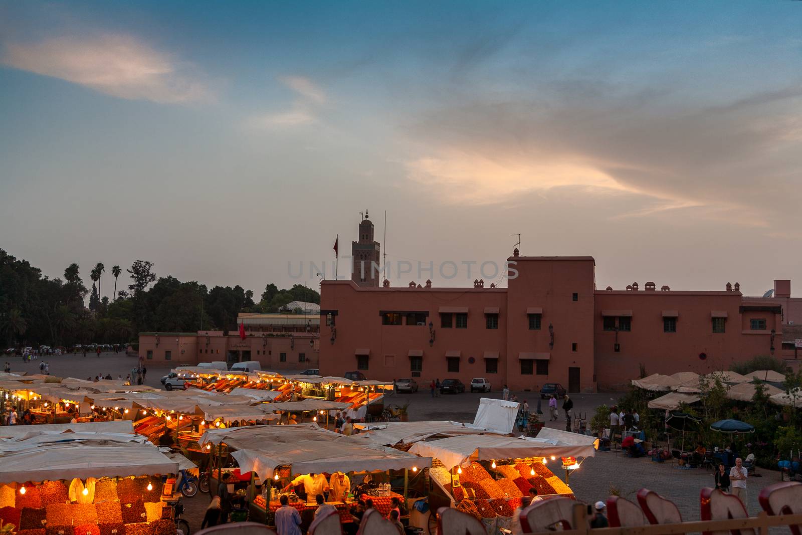 TPanorama of Night Market in Marrakesh, Morocco