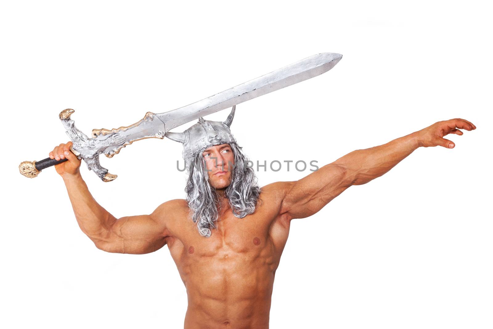 Handsome sexy muscular medieval strong warrior with sword isolated on white background.