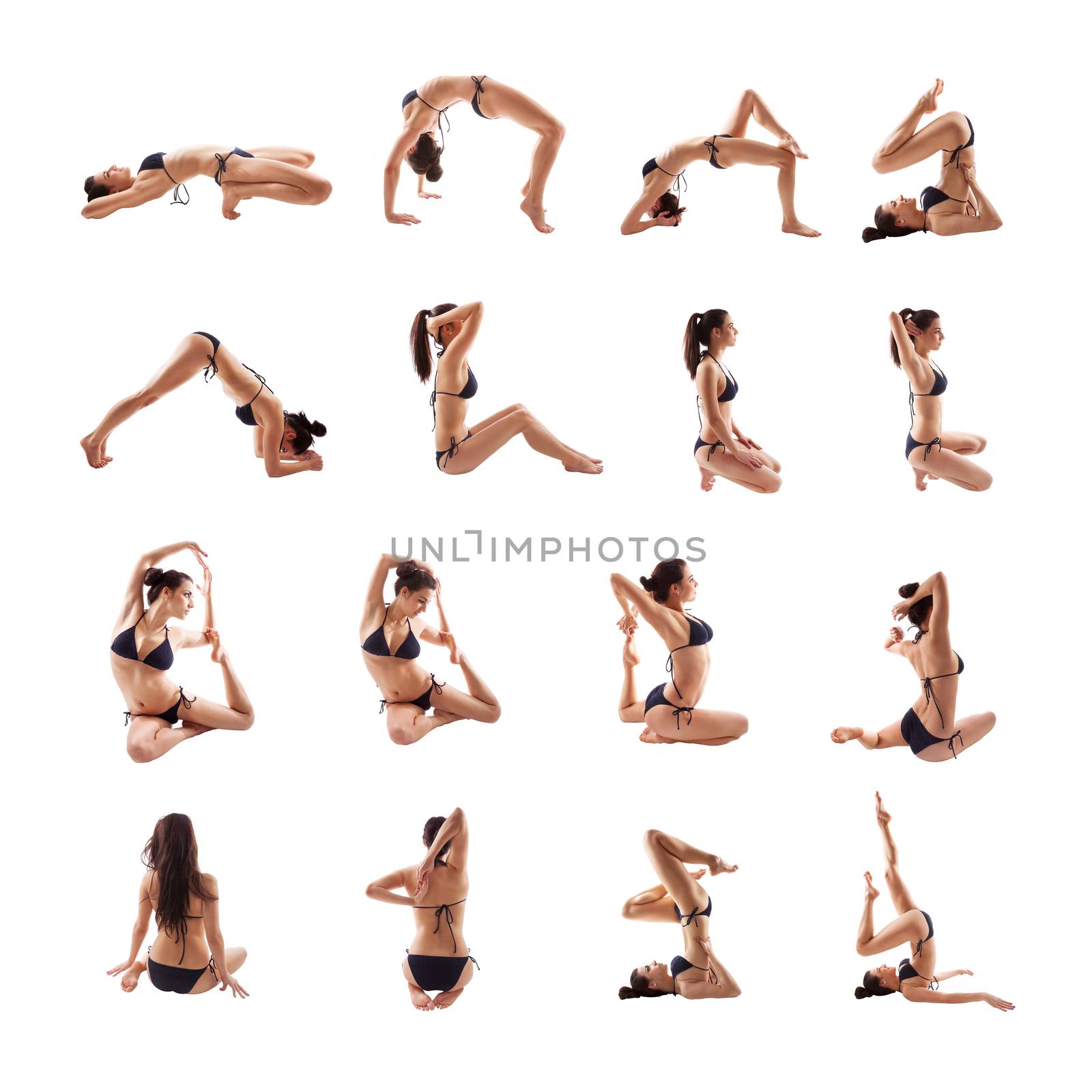 Beautiful and sexy brunette in various stretching and relaxing poses isolated on white background. Yoga and stretching. 