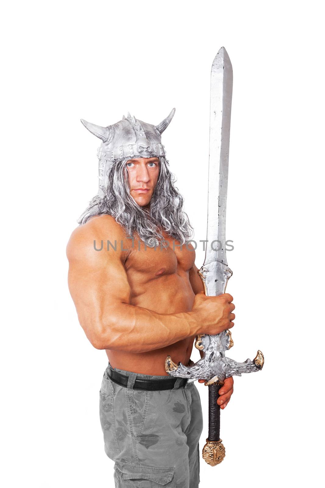 Handsome sexy muscular medieval strong warrior with sword isolated on white background.