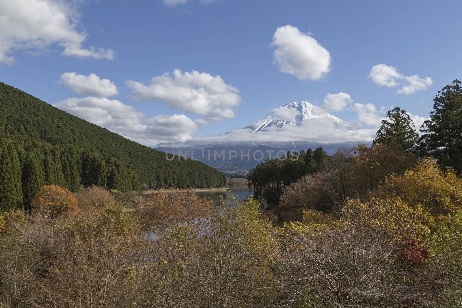 This photo was shot from the area around Mt.Fuji in Autumn. It is time to start snow cap on the top of Mt.Fuji. There are 5 lake around Mt.Fuji.