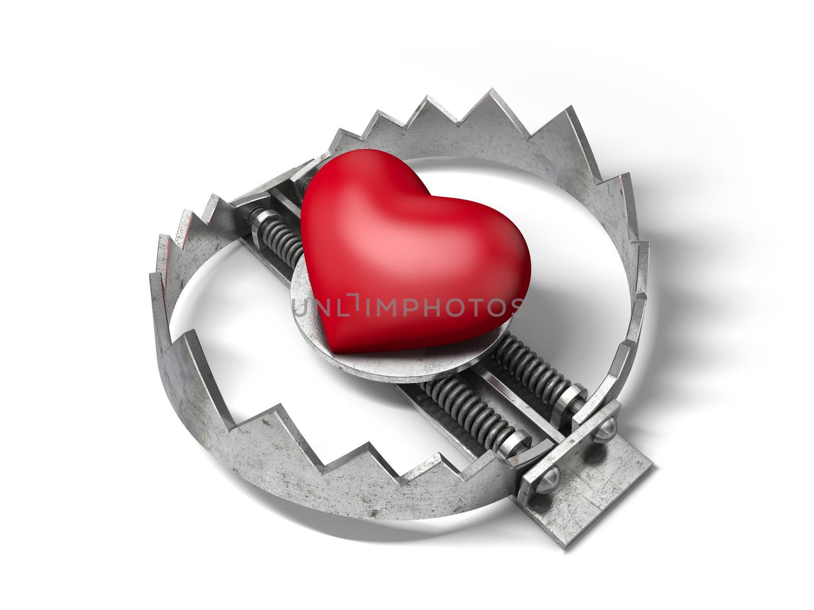 Red heart in the bear metal trap. 3D concept of love trap.