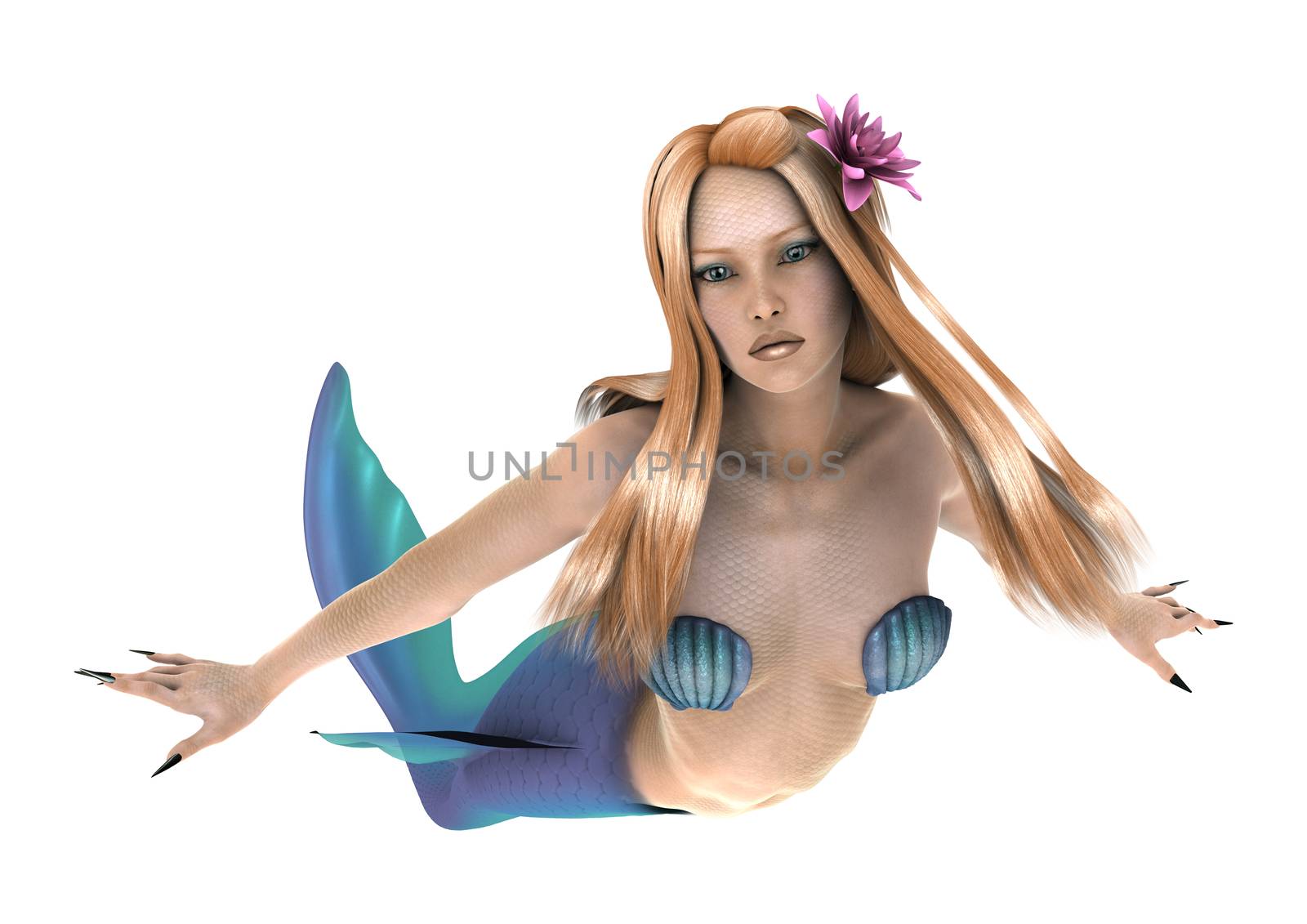 3D digital render of a beautiful fantasy mermaid isolated on white background