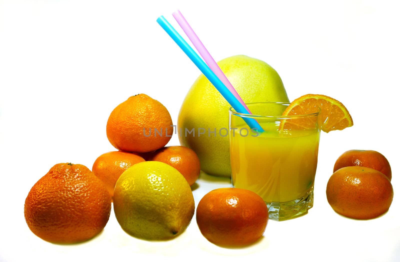 Still life of citrus juice lemon oranges pomelo tangerine