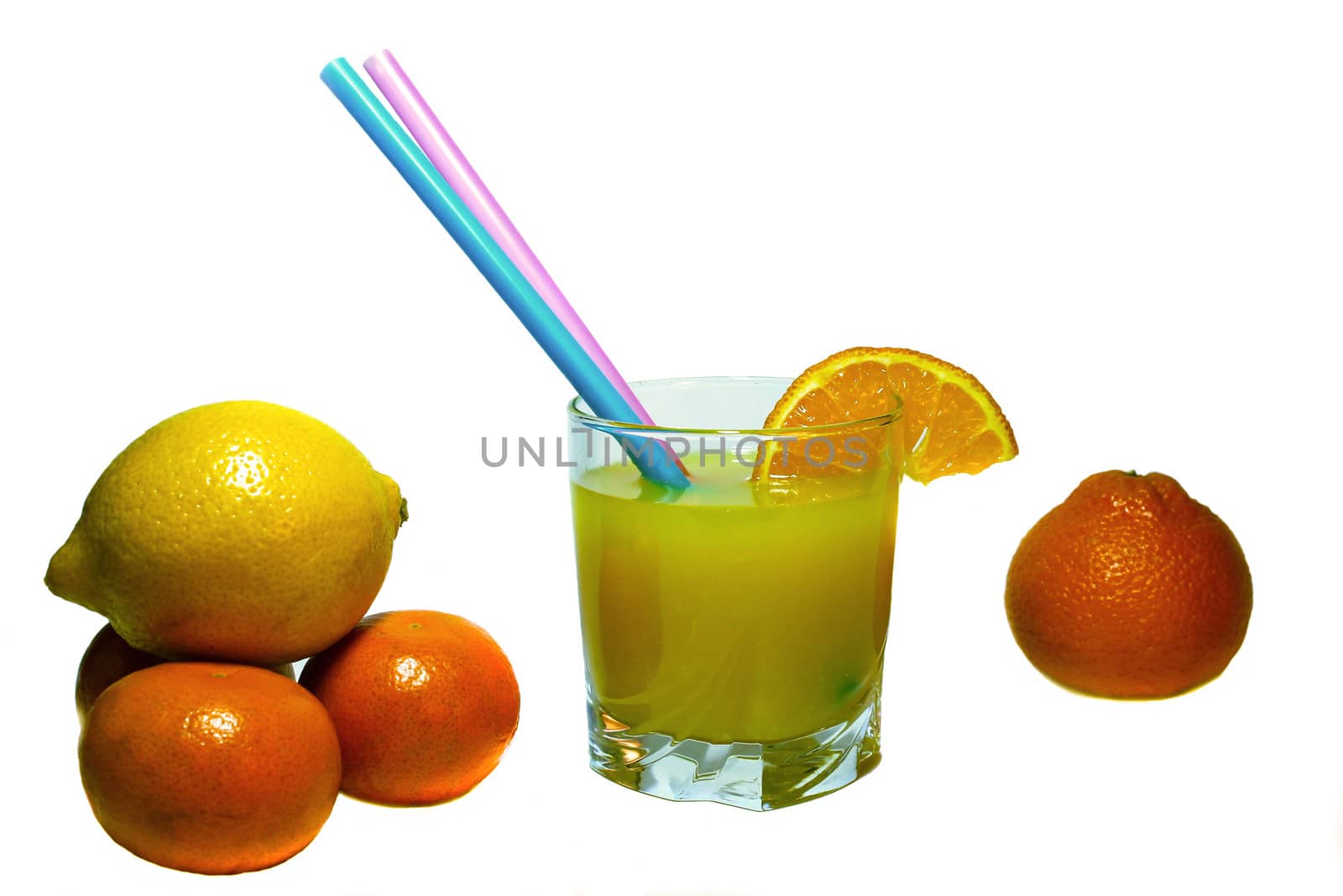Still life of juice with a straw with tangerines and lemon