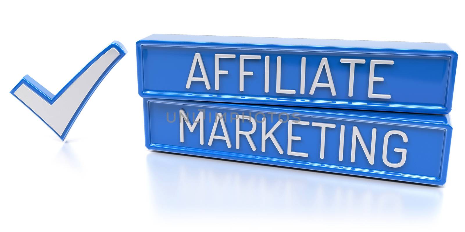 Affiliate Marketing - Blue banners with check mark - Isolated 3D Render