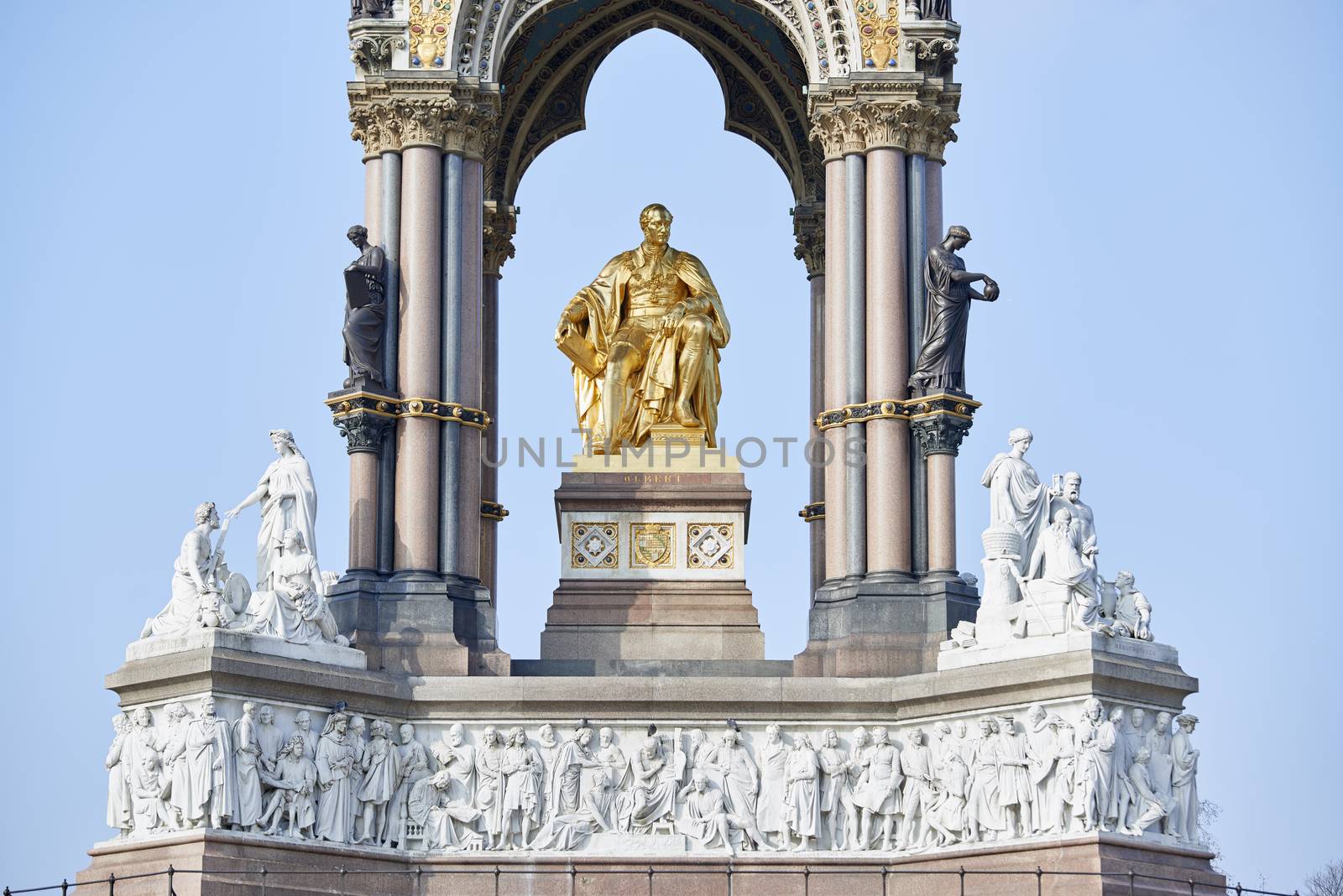 Detail of Albert Memorial, in Kensington Gardens, in London. The monument was commissioned by Queen Victoria in memory of her husband, who died in 1861.