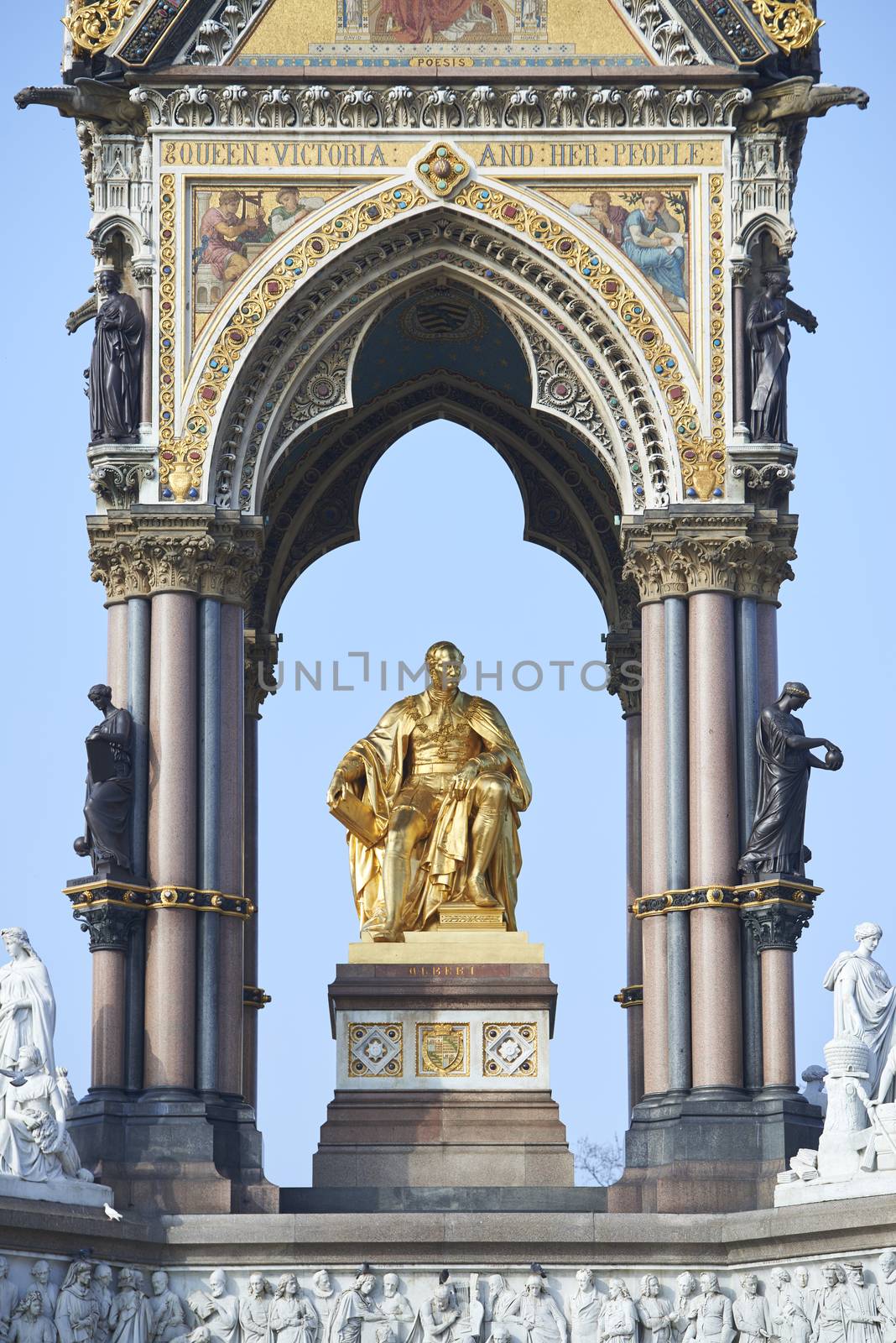 Detail of Albert Memorial, in Kensington Gardens, in London. The monument was commissioned by Queen Victoria in memory of her husband, who died in 1861.