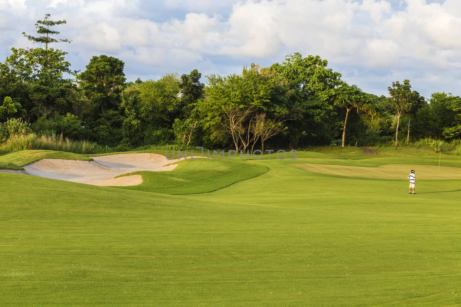 Beautiful View of Green Golf Field with Blue Sky.