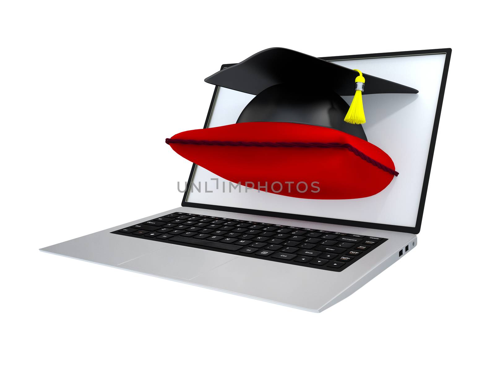 Graduate cap on cushion out of a laptop screen.
