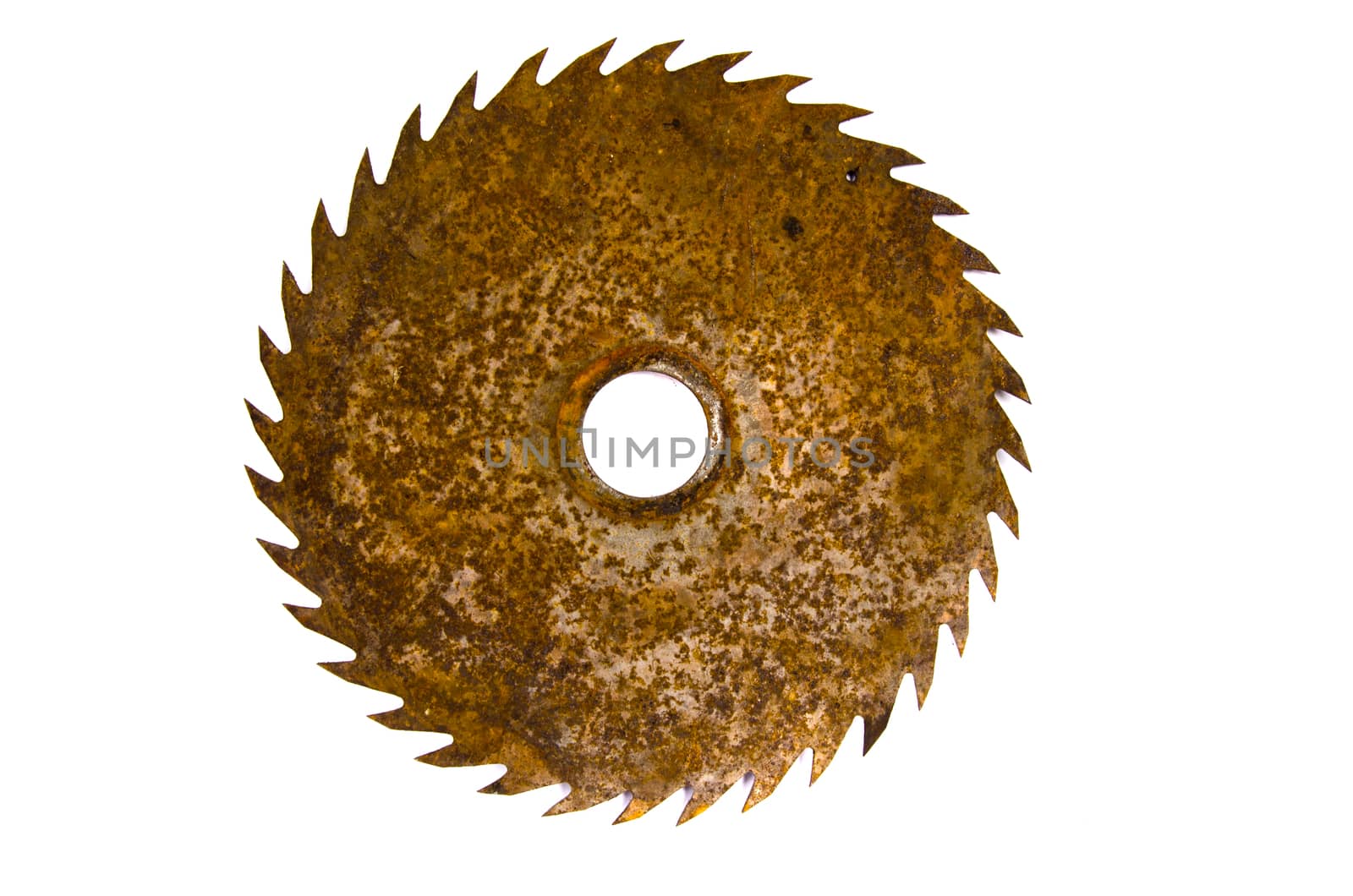 Old rusty circular steel saw blade isolated on white