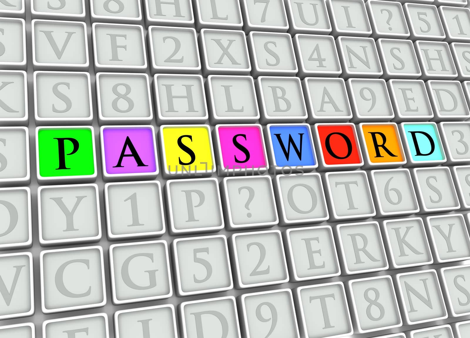 Illustrated tiles with the word "password" highlighted in colors