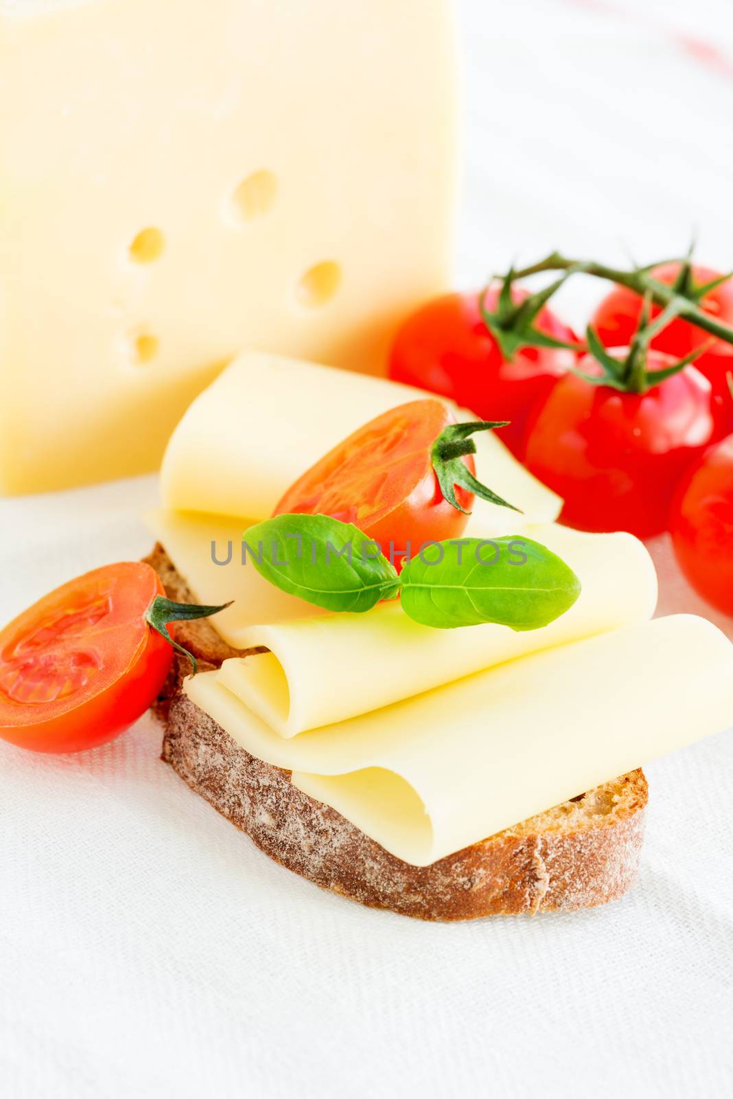 Cheese sandwich with fresh tomato and basil vertical by Nanisimova