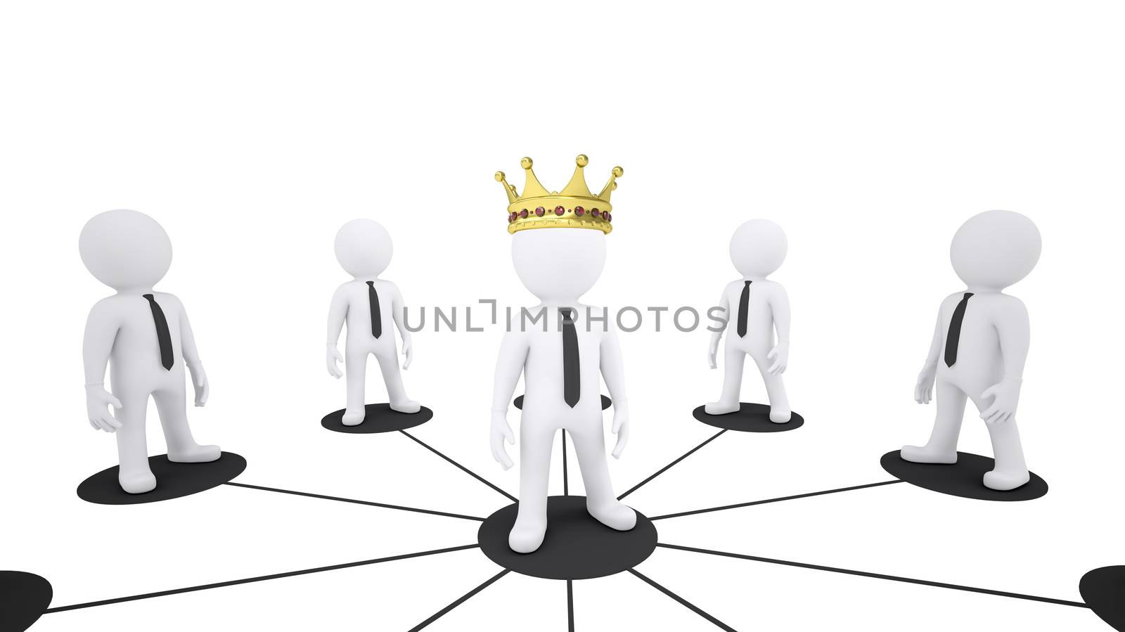 Set of white puppet people, center puppet in crown on isolated white background