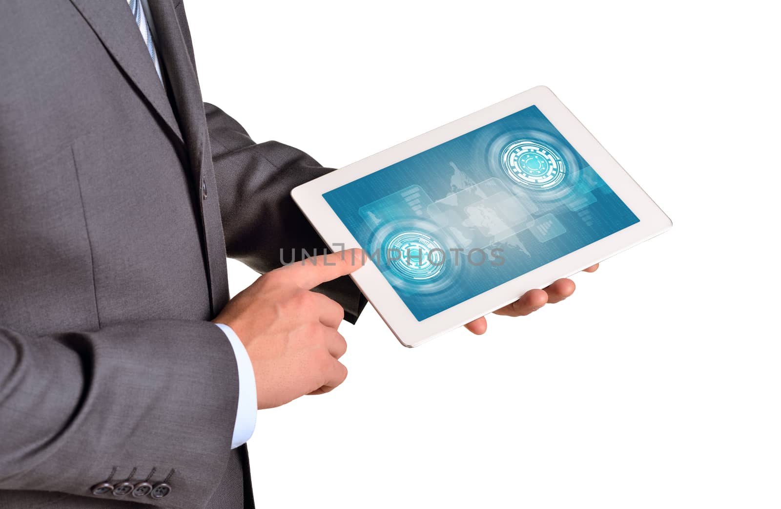 Businessman using tablet on isolated white background