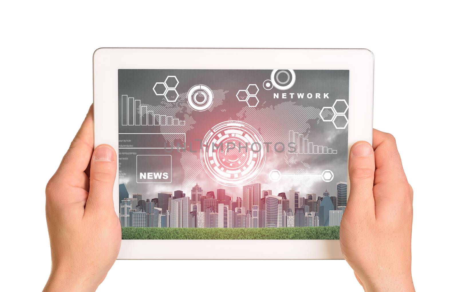 Human hands holding tablet on isolated white background