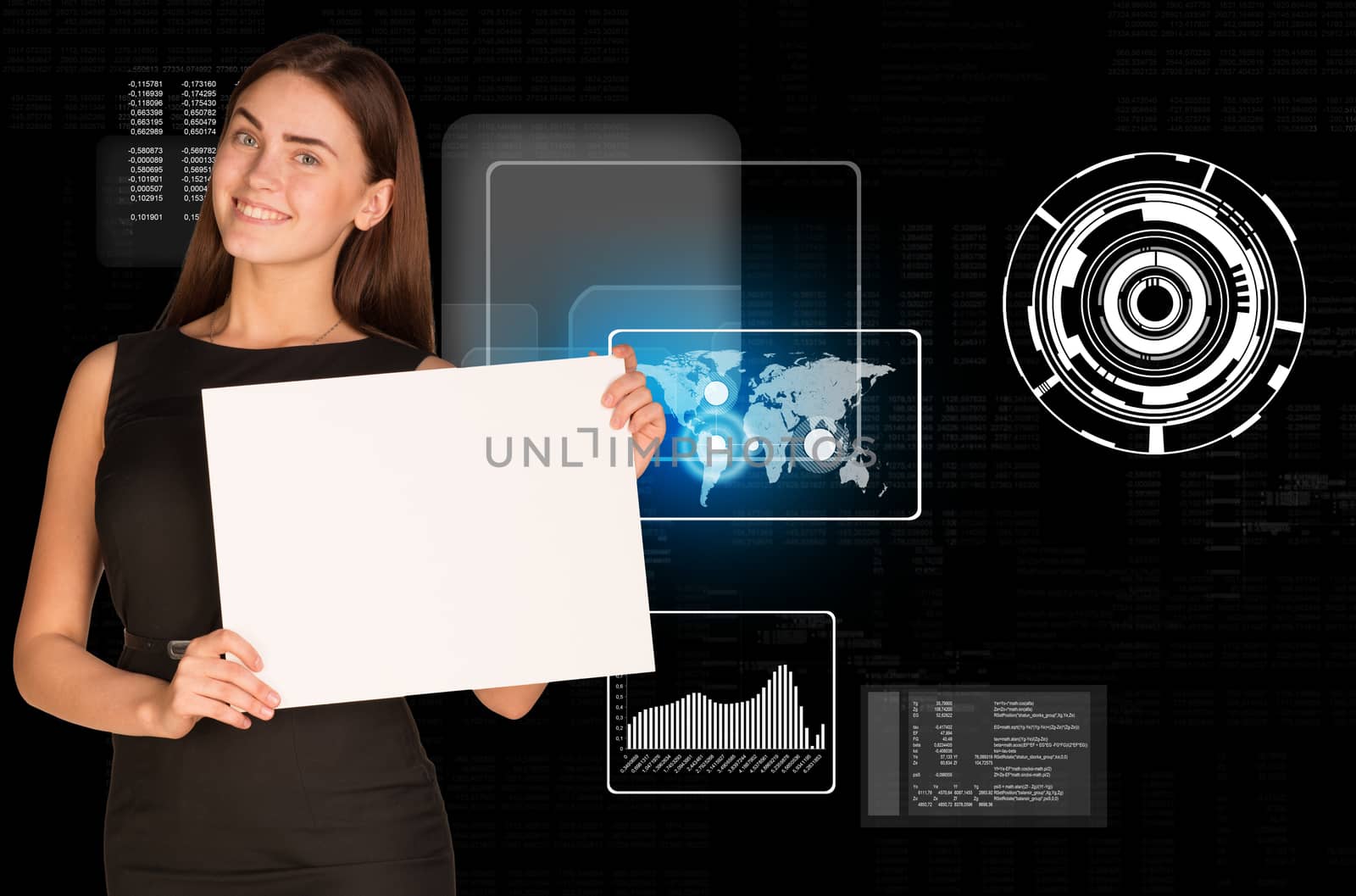 Young businesswoman holding blank paper on abstract background